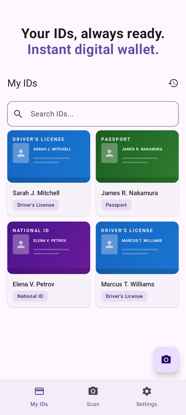 ID Scanner dashboard showing saved IDs