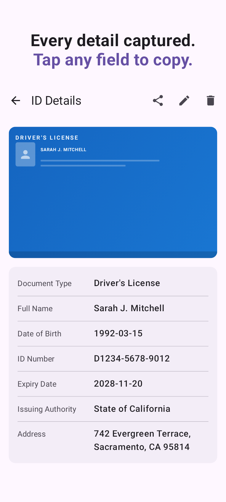 ID Scanner detail view with extracted fields