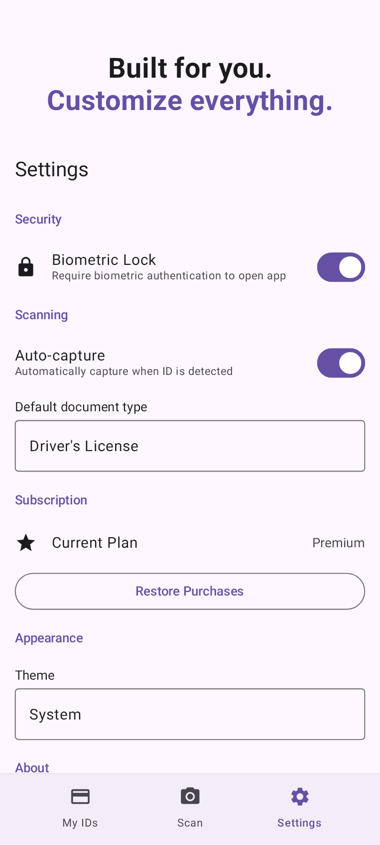 ID Scanner settings with customization options